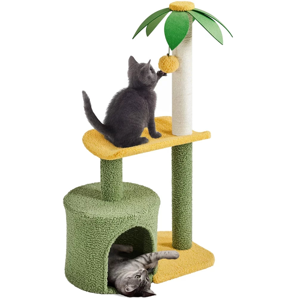 Upholstered 2-Level 37" Coconut Palm Cat Tree with Bending Perch, Gree/Yellow